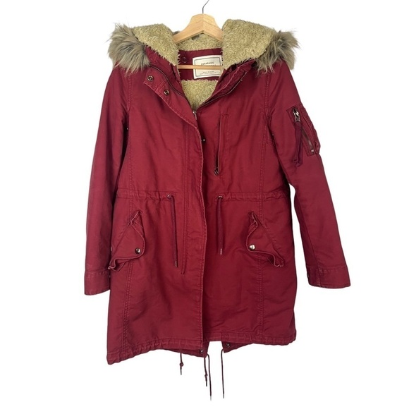 Zara Red Full Zip Cinched Waist Fur Trim Hood Parka Jacket S - Picture 1 of 4
